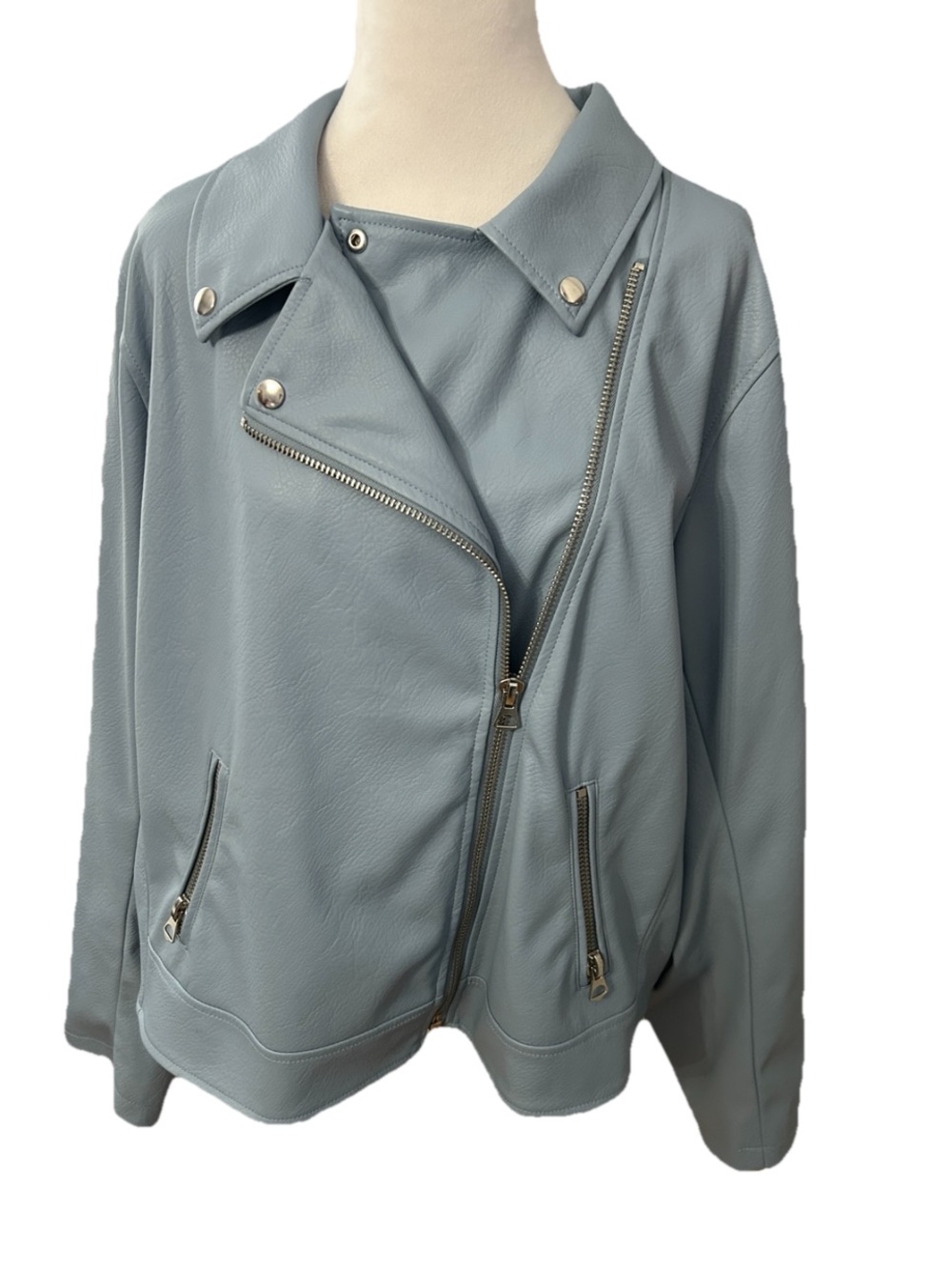 Torrid Faux Leather Asymmetrical Moto Biker Jacket 3 3X Baby Blue Silver Zip